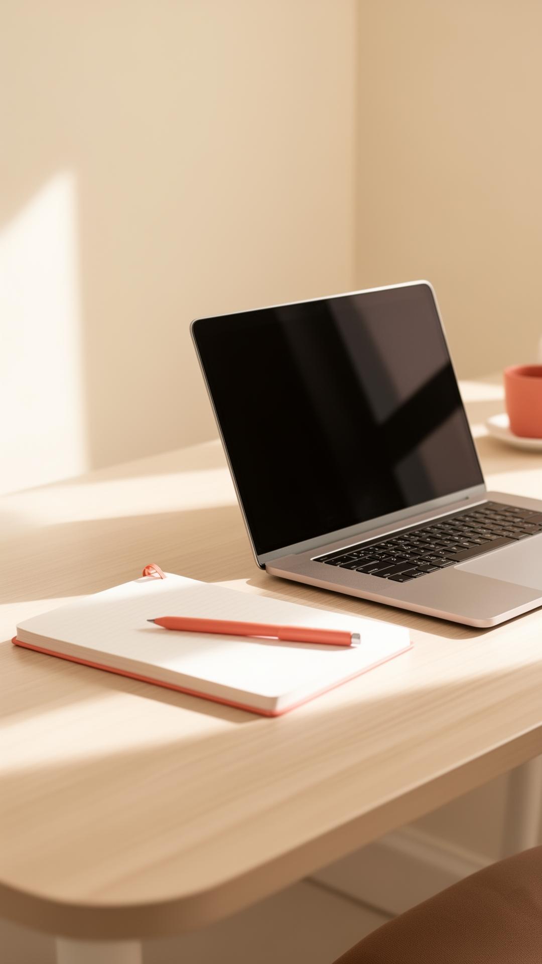 A calm workspace with a laptop and notebook